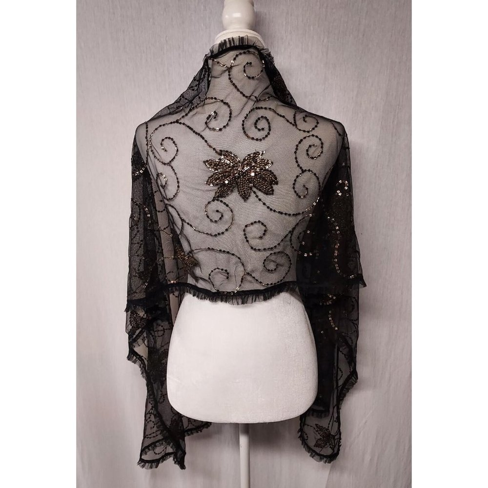 Preston And York Black Gold Sheer Ruffle Tulle Floral Beaded Sequin Wrap Scarf